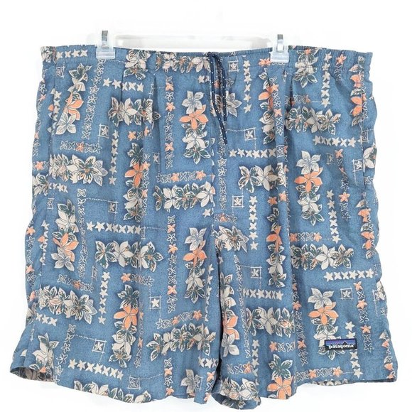 Vintage Patagonia Floral Hawaiian Print Nylon Swim Trunk Shorts, Blue. Sz XL.